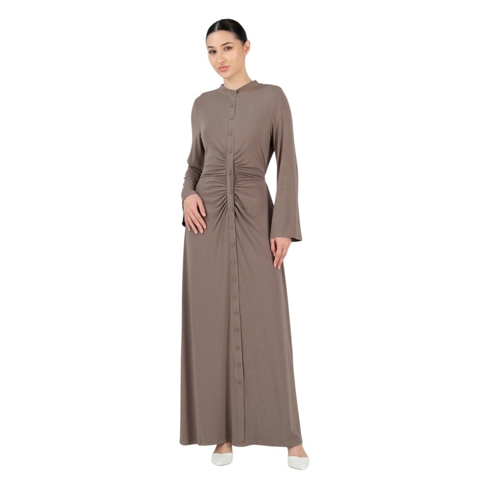 Fares Ruched Button Down Maxi Dress Long Sleeve Taupe Brown Modest Earthy Small